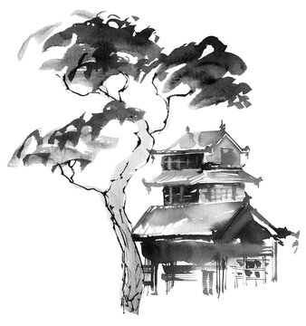 Japanese Building And Tree