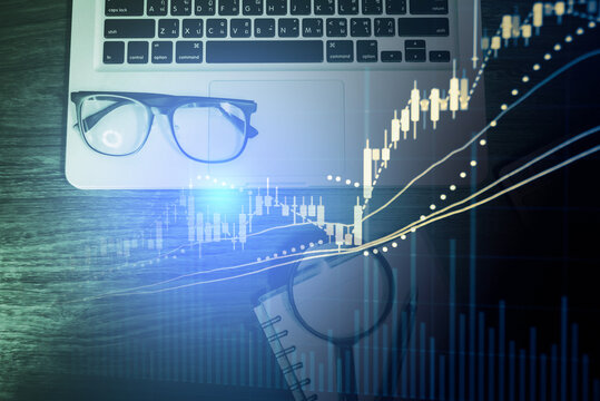 Fundamental and technical analysis for professional technical trading as concept. Digital graph of financial instruments with some indicators including of MACD. EMA and the volume analysis.	