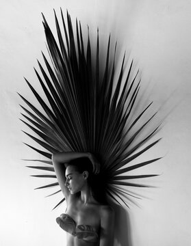 Portrait of a beautiful girl on a background of palm leaf