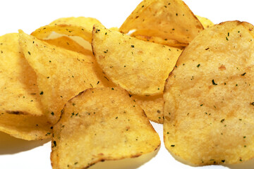 Potato chips with spices. Potato Crisps close-up
