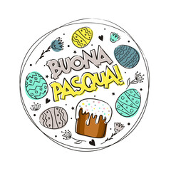 Italian Happy Easter greeting logo with Round frame of hand-drawn easter eggs, cake and flowers. Painted in watercolor spots. Cute wreath for Italy. Vector illustration. Translation: Happy Easter