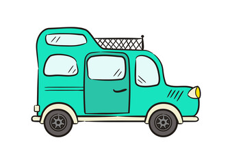 Hand drawn Turquoise minivan with roof rack. Motorhome isolated on white background. Doodle Vector illustration on the theme of travel, caravanning, camping, hiking and motorhomes.