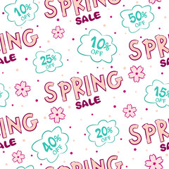 Seamless pattern with Clouds and sakura for Spring sale. Cartoon Seasons Coupons with percentage discounts. Vector illustration for decoration of a store, showcase, advertising booklets or price tags.