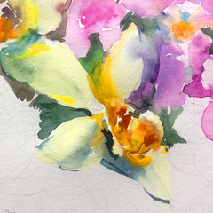 Abstract bright colored decorative background . Floral pattern handmade . Beautiful tender romantic bouquet of orchid flowers , made in the technique of watercolors from nature.