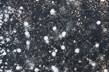 Frosty winter morning. Tightened water on the river ice. Ice dark transparent with white crystal...