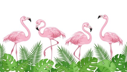 Pink flamingos on background of green palm leaves. Horizontal border with tropical birds and leaves. Exotic background template. Seamless pattern. Isolated. Vector illustration