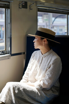 Beautiful Asian women on the train, journey in Japan