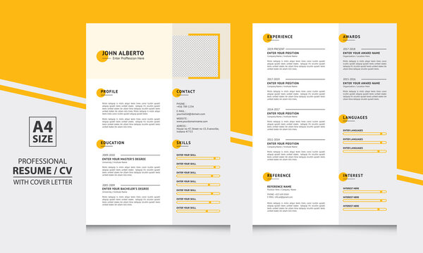 John Alberto Two Page Yellow Color Resume Format Cv Template Simple And Clean Design