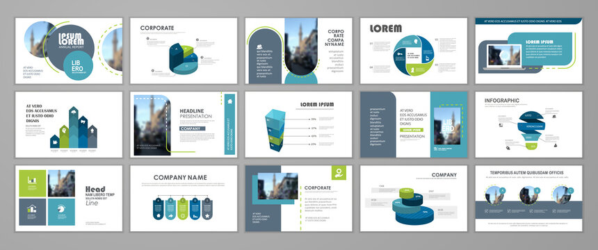 Business presentation infographic template set. Keynote presentation background, slide templates, website ideas, brochure cover design, landing page, annual report brochure. Vector Illustration