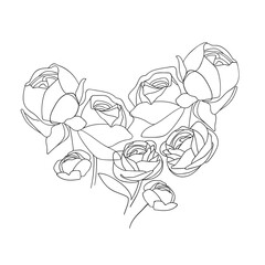 Heart of roses in the style of minimalism. Rose flowers line art on white background. 