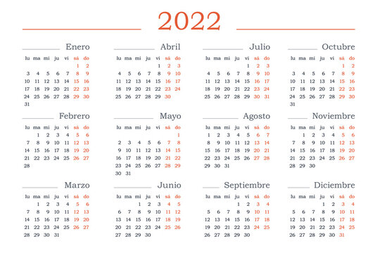 2022 year Calendar in Spanish. Horizontal Vector editable template. Simple and clean design