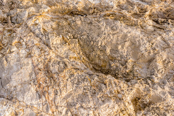 Huge white stone with sunlight near the sea. White stone surface or background. Rocky landscape.