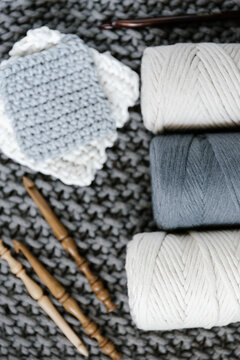 Set of natural yarn and crochet samples