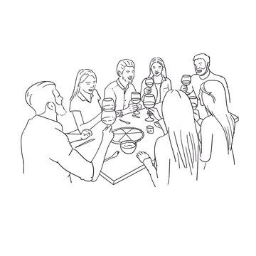 Friends dinner. Toasting with wine. Sketch on white background. 