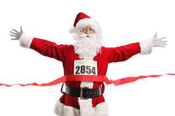 Happy Santa Claus on the finish line of a race