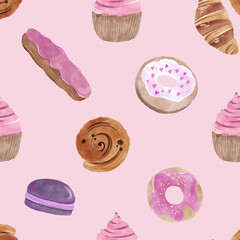 Pink dessert sweet pattern with pretzel, eclair, macaroon, cream, donut, cheesecake