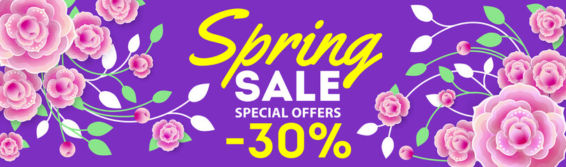 Spring sale banner, special offer, advertising with pink flowers