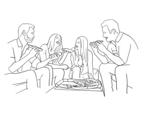 Group of friends having dinner pizza. Handmade drawing on white background. Sketch style.