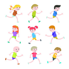 Kids running. Set of kids runners with childish style. Isolated flat style