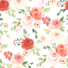 Floral seamless pattern with red and blush roses, small simple flowers, leaves and branches. Watercolor colorful illustration on white background, print in rustic style. 