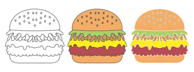 burgers design vector illustration. food hand drawn cartoon. black and white outline