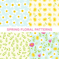 Spring floral pattern set. Flat hand drawn garden flowers on cute light background. Nice bloom prints for fabric, textile, wrapping. Daffodils, peony, daisy, tulip, dandelion and leaves.
