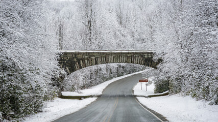 Blue Ridge Parkway National Park entrance in winter near Grandfather Mountain, North Carolina	