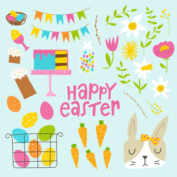 Easter clipart set. Flat hand drawn elements for spring holiday celebration. Cute bunny face, flowers and leaves, carrots, cakes and sweets, egg basket. Funny Easter vector collection.