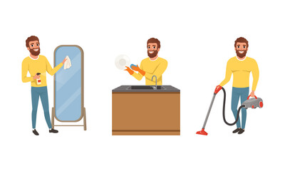 Happy Bearded Man in Yellow Sweater Washing Mirror, Dishes and Vacuum Cleaning Vector Set