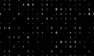 Seamless background pattern of evenly spaced white thai baht symbols of different sizes and opacity. Vector illustration on black background with stars