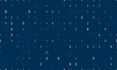 Seamless background pattern of evenly spaced white bitcoin symbols of different sizes and opacity. Vector illustration on dark blue background with stars
