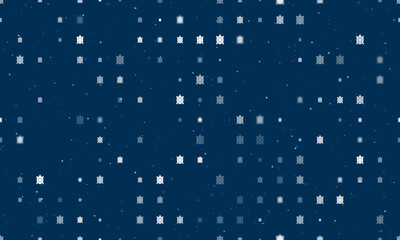 Seamless background pattern of evenly spaced white turtle symbols of different sizes and opacity. Vector illustration on dark blue background with stars