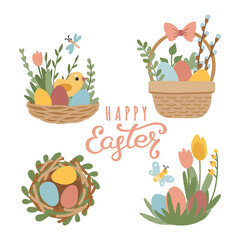 Happy Easter collection of cute illustrations, baskets with eggs, flowers, butterflies and chickens. Vector set of flat easter symbols