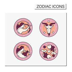 Zodiac color icons set. Fourth fire signs in zodiac.Birth symbols.Aquarius,sagittarius,capricorn,pisces.Mystic horoscope signs.Astrological science concept.Isolated vector illustrations