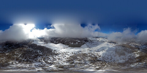 360 degree drone shooting of the Biviere lake in the heart of the Nebrodi mountains in winter. View of Etna and the Aeolian Islands. Sicily in winter. Sicilian mountains.
