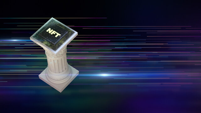 NFT non fungible tokens crypto art on colorful abstract background. antique pillar with chip Pay for unique collectibles in games or art. 3d render of NFT crypto art collectibles concept.