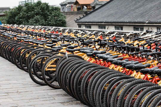 Rows of Bicycles along the Ancient City Walls, Xian, China