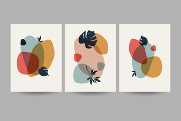 Set of compositions with leaves. Trendy collage for design in an ecological style. Vector illustrations for postcard or brochure design. Flat.