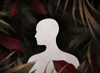 Portrait of a glowing man among tropical leaves. unity of human and nature