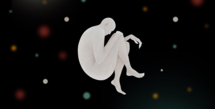 glowing man in an embryo pose on abstract black background