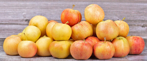 group of golden and striped apples on wooden background