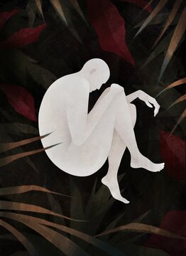 glowing man in an embryo pose among tropical leaves. unity of human and nature