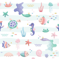 Sea fish characters cartoon seamless background. Sealife cute pattern with glitter elements. Textile for kids, notebook cover, wrapping paper. Vector © cutelittlethings