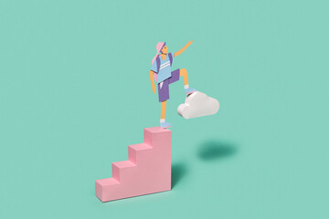 Handmade schoolboy on a staircase with cloud.