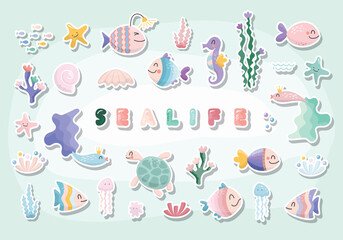 Sealife cartoons set. Cute fish, jellyfish, star, sea horse, turtle, shell characters collection for kids. Vector