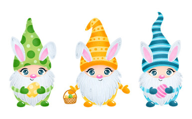 Illustration of cute cartoon easter gnomes with bunny ears isolated on white background set