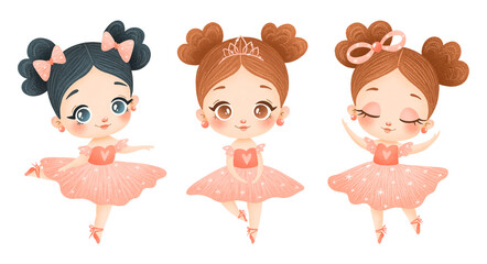 Illustration of cute cartoon little ballerinas in pink dress. Ballet poses isolated on white background.