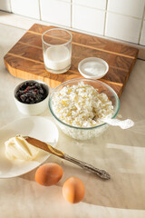 Ingredients for curd pudding on the kitchen table