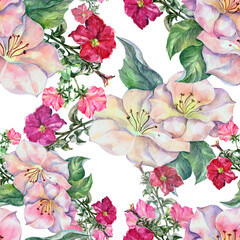Garden different flowers painted in watercolor with leaf. Floral seamless pattern on white background.