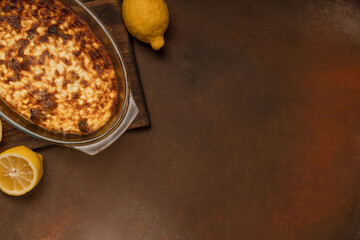 Freshly baked curd pudding in a baking dish